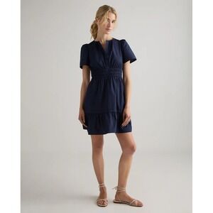 NWT Quince Women Organic Cotton Poplin Tiered Mini Dress Navy Blue S Cottagecore